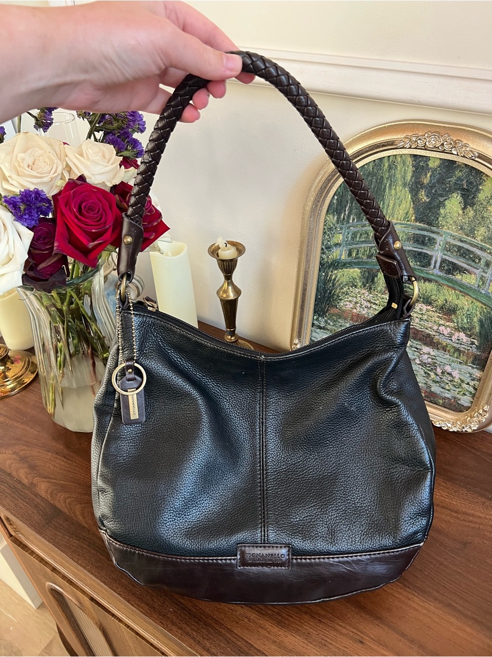 Tignanello Women’s Black/Brown Genuine Leather w/Braided Strap Hobo Bag